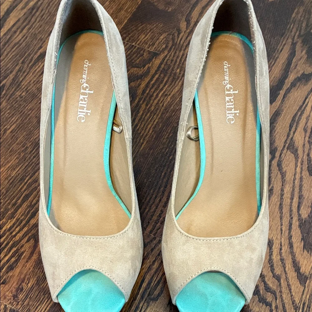 Charming Charlie Suede Beige and Turquoise Peep-Toe Heels 8.5